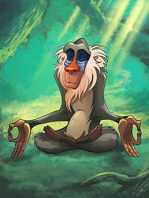 Rafiki from The Lion King in a meditative yoga pose with a serene green forest background HD phone wallpaper