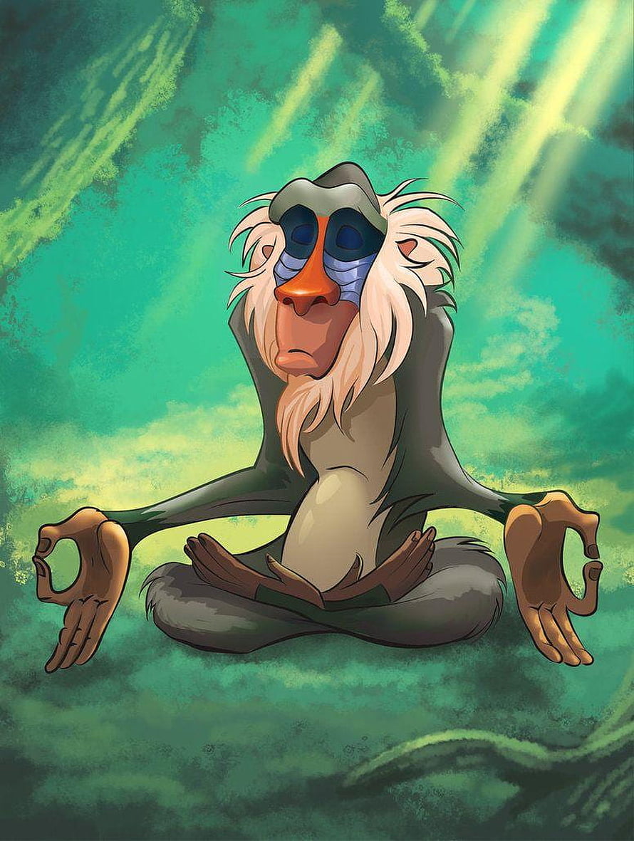 Rafiki from The Lion King in a meditative yoga pose with a serene green forest background HD phone wallpaper