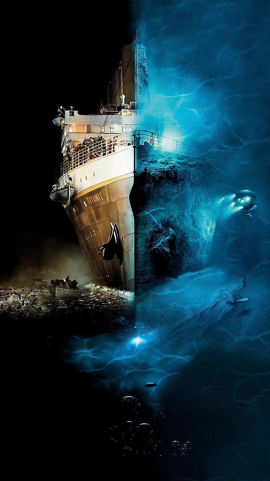 Titanic Movie Split Screen Poster Showing Sinking Ship and Underwater Wreckage HD phone wallpaper