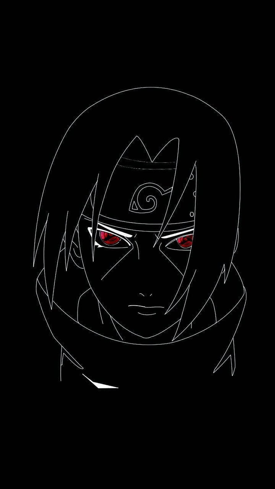 Itachi Uchiha Minimalist Line Art Portrait with Red Sharingan Eyes on Black Background HD phone wallpaper