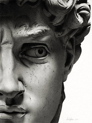 Black and white close-up of Michelangelo's David marble face HD phone wallpaper