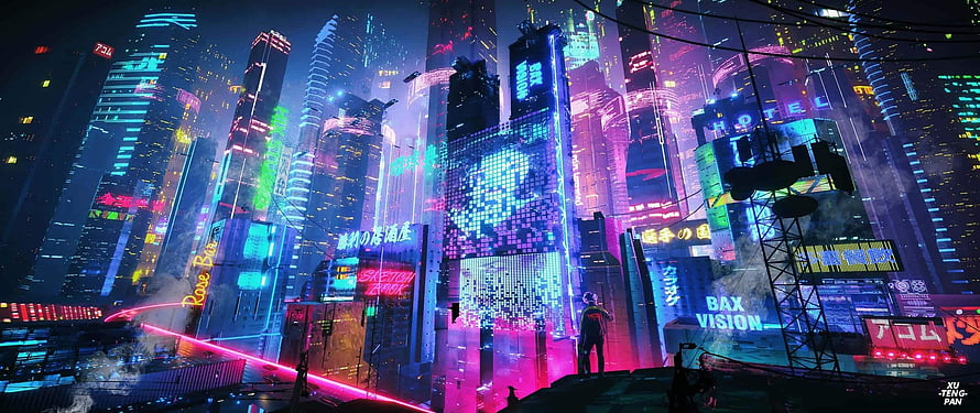 Neon-lit Cyberpunk Cityscape with Futuristic Skyscrapers and Digital Billboards HD wallpaper