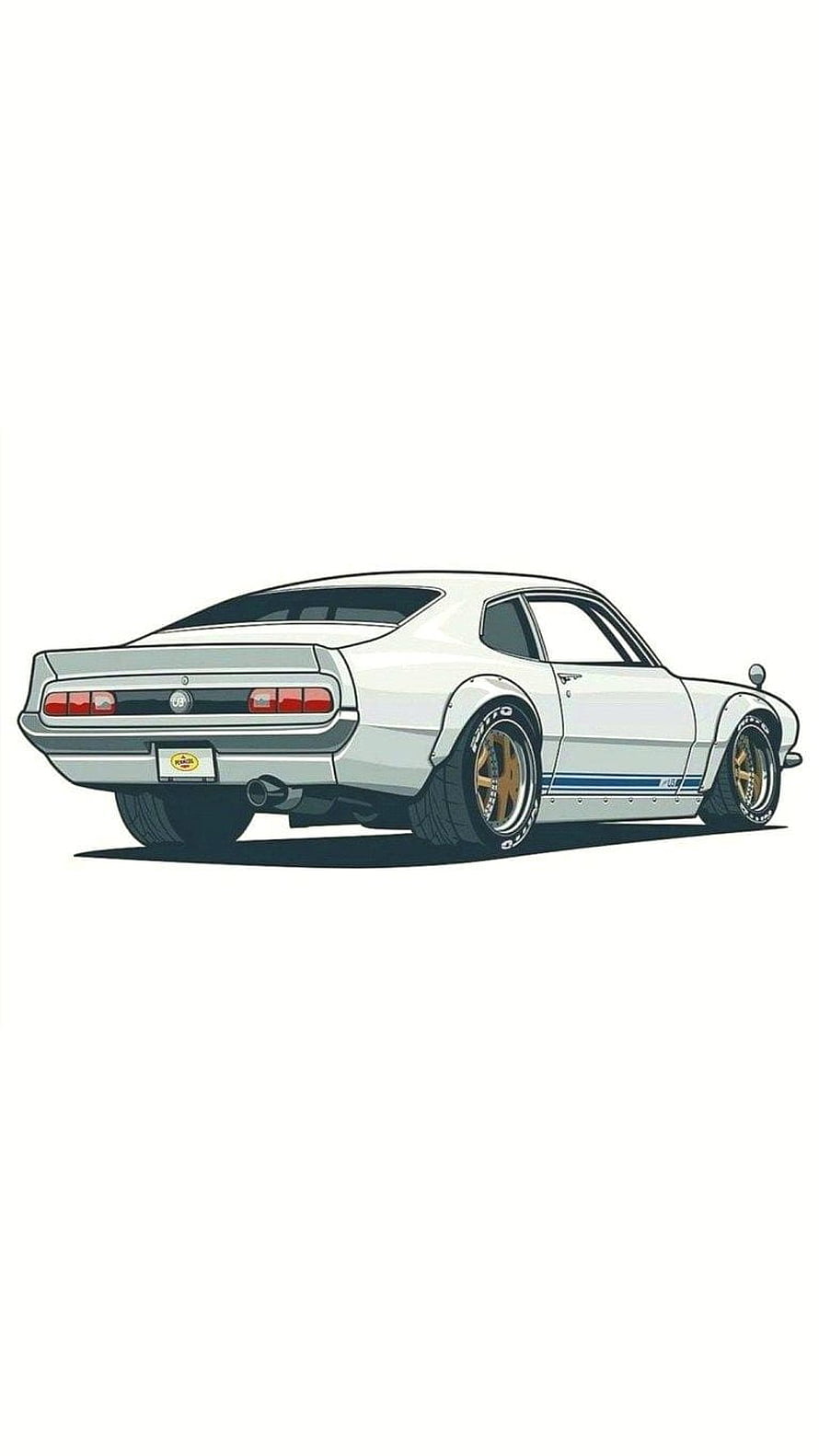 White Classic Muscle Car Illustration with Gold Rims and Blue Stripes HD phone wallpaper