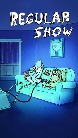 Regular Show Cartoon Characters Playing Video Games on a Couch at Night HD phone wallpaper