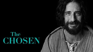 The Chosen Series Portrait of Jesus in Black and White with Teal Title Text HD wallpaper