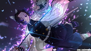 Demon Slayer Anime Character Wielding Glowing Sword Amidst Purple Butterflies HD wallpaper