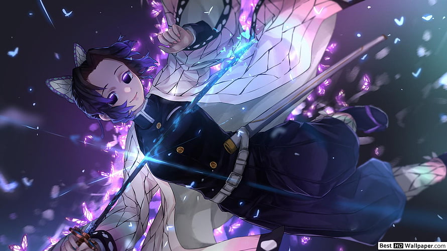 Demon Slayer Anime Character Wielding Glowing Sword Amidst Purple Butterflies HD wallpaper