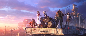 Final Fantasy VII Remake Party on a Rooftop at Sunset with Industrial Cityscape HD wallpaper