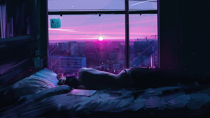 Lone Figure Gazing at Neon Cityscape Through Window at Night HD wallpaper