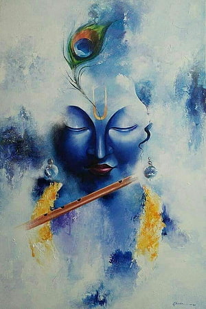 Lord Krishna with Flute and Peacock Feather in Blue Watercolor Style HD phone wallpaper