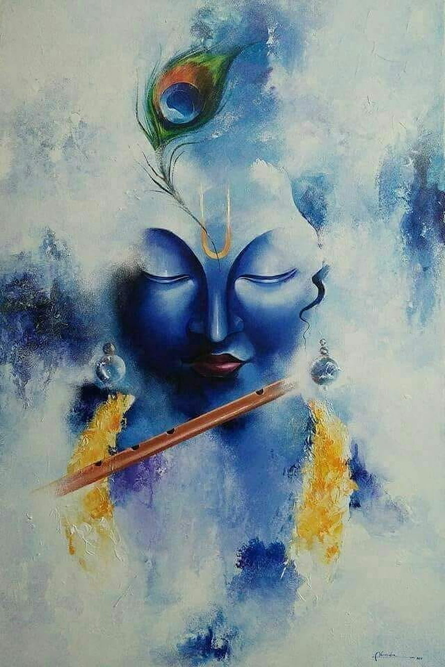 Lord Krishna with Flute and Peacock Feather in Blue Watercolor Style HD phone wallpaper