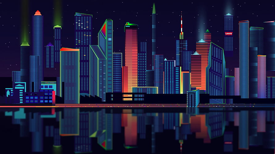 Neon-lit futuristic city skyline at night with water reflection and glowing skyscrapers HD wallpaper