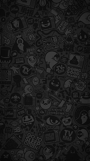 Dark doodle pattern wallpaper with cartoon characters, skulls, and punk slogans on black background HD phone wallpaper