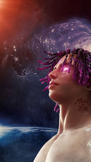 Andrey Gracia Digital Art: Cosmic Profile with Neon Purple Dreadlocks and Glowing Eyes HD phone wallpaper