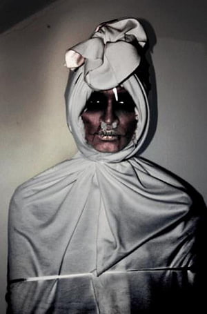 Pocong Ghost Costume Portrait with White Shroud and Tied Head HD phone wallpaper