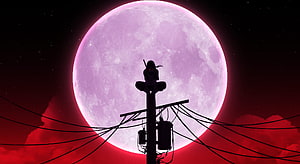 Itachi Uchiha Silhouette Perched on Utility Pole Against Giant Pink Blood Moon HD wallpaper