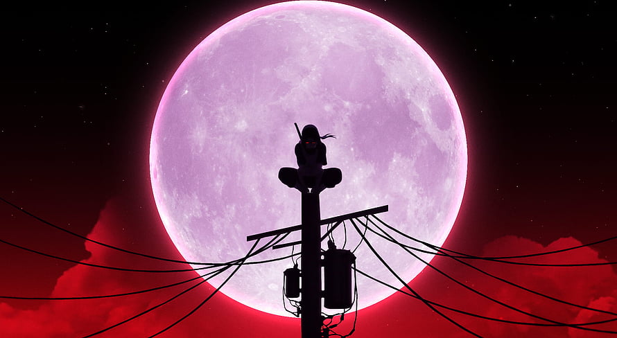 Itachi Uchiha Silhouette Perched on Utility Pole Against Giant Pink Blood Moon HD wallpaper