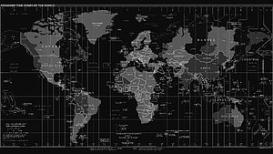 Monochrome World Time Zones Map with Grayscale Continents and Grid Lines HD wallpaper