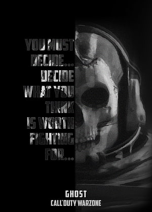 Ghost Call of Duty Warzone Skull Portrait with Motivational Quote on Black Background HD phone wallpaper