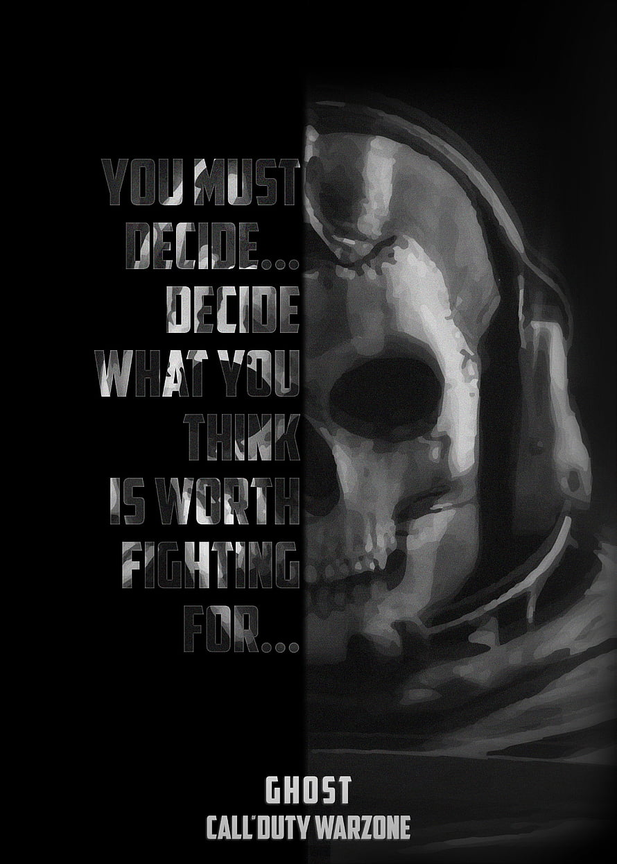 Ghost Call of Duty Warzone Skull Portrait with Motivational Quote on Black Background HD phone wallpaper