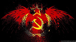 Soviet Union Emblem with Red Eagle and Hammer Sickle on Black Background HD wallpaper