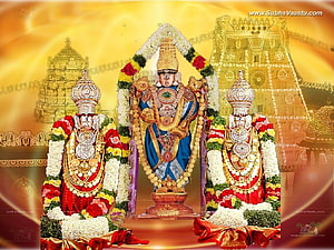 Tirupati Balaji Temple Deities Adorned in Traditional Garlands and Jewels HD wallpaper