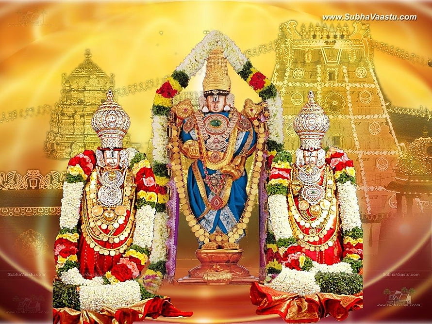 Tirupati Balaji Temple Deities Adorned in Traditional Garlands and Jewels HD wallpaper