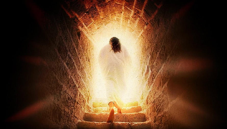 Jesus Emerging From the Tomb in a Glowing Resurrection Scene HD wallpaper