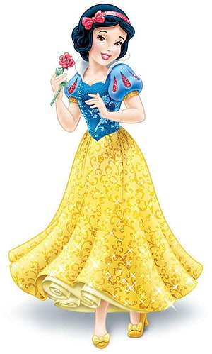 Snow White in a Sparkling Yellow Ballgown Holding a Red Rose HD phone wallpaper