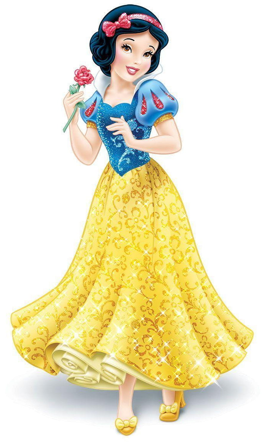 Snow White in a Sparkling Yellow Ballgown Holding a Red Rose HD phone wallpaper