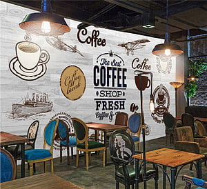 Industrial Coffee Shop Interior With Vintage Wall Mural And Rustic Furniture HD wallpaper