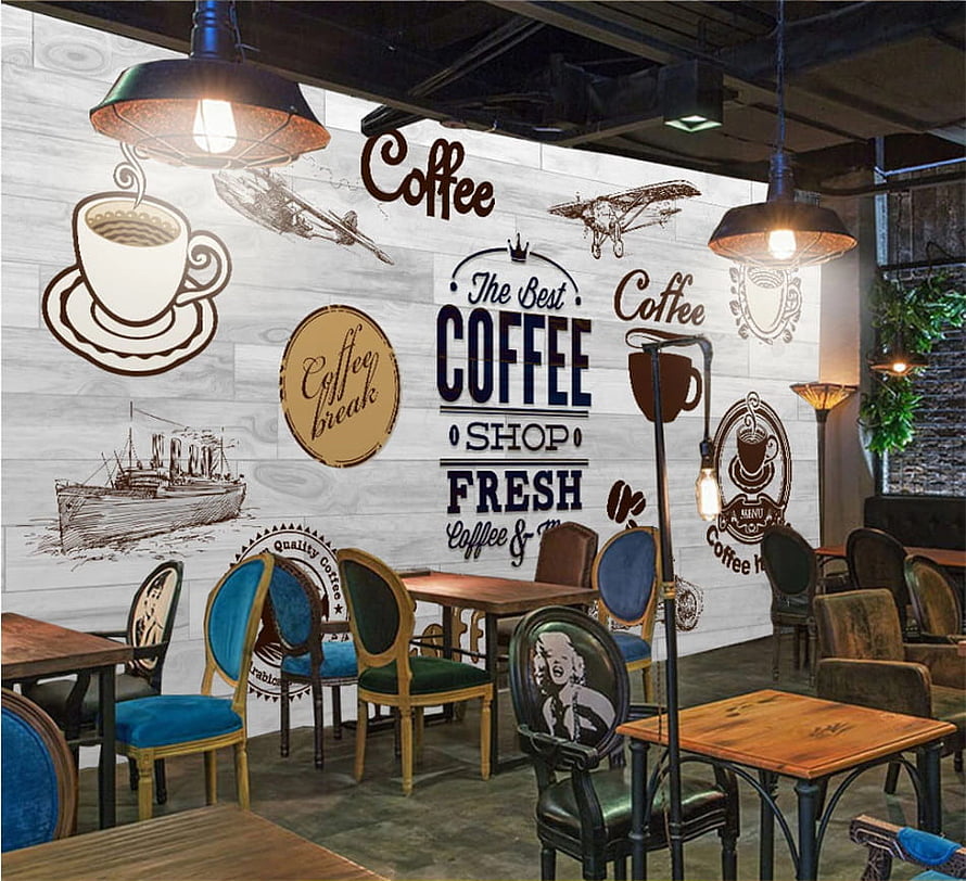 Industrial Coffee Shop Interior With Vintage Wall Mural And Rustic Furniture HD wallpaper