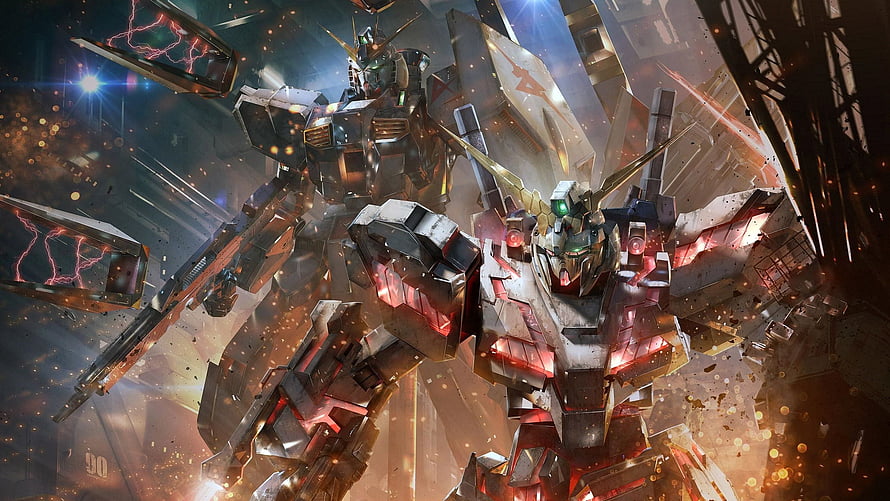 Mobile Suit Gundam Unicorn Battle Scene with Mecha Robots in Space HD wallpaper