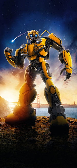 Bumblebee from Transformers Standing on a Cliff with Golden Gate Bridge at Sunset HD phone wallpaper
