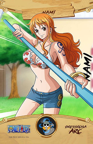 Nami from One Piece in Dressrosa Arc holding a blue sword in a floral top and denim shorts HD phone wallpaper