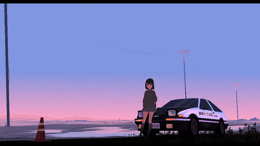 Lofi Girl Leaning on Toyota Trueno at Sunset in Initial D Style HD wallpaper