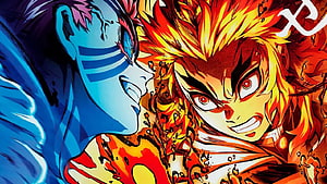 Demon Slayer Rengoku and Akaza Intense Face-Off in Fiery Anime Art HD wallpaper