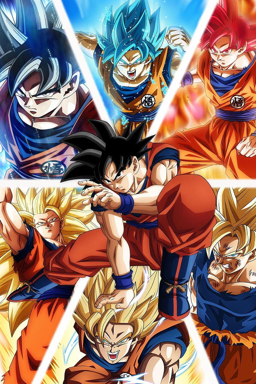 Dragon Ball Super Goku Transformation Collage Featuring Super Saiyan Blue and Ultra Instinct Forms HD phone wallpaper