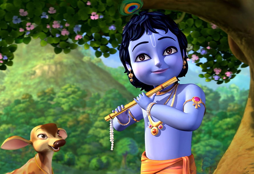 Little Krishna Playing Flute in Lush Forest with Deer HD wallpaper