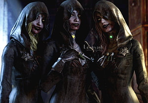 Bela Dimitrescu and Her Daughters in Dark Hooded Attire HD wallpaper