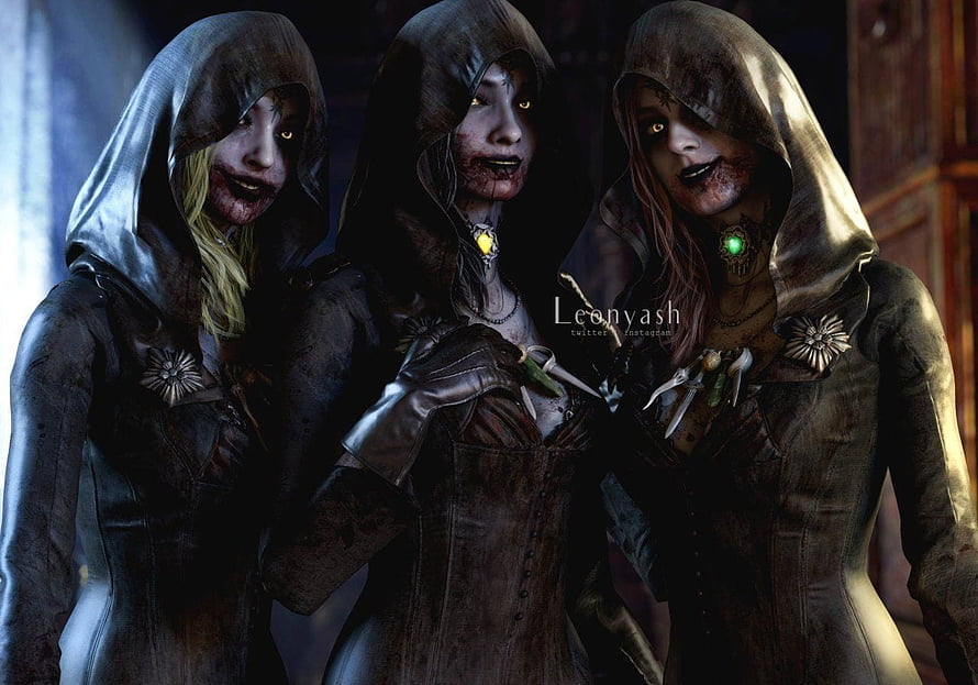 Bela Dimitrescu and Her Daughters in Dark Hooded Attire HD wallpaper