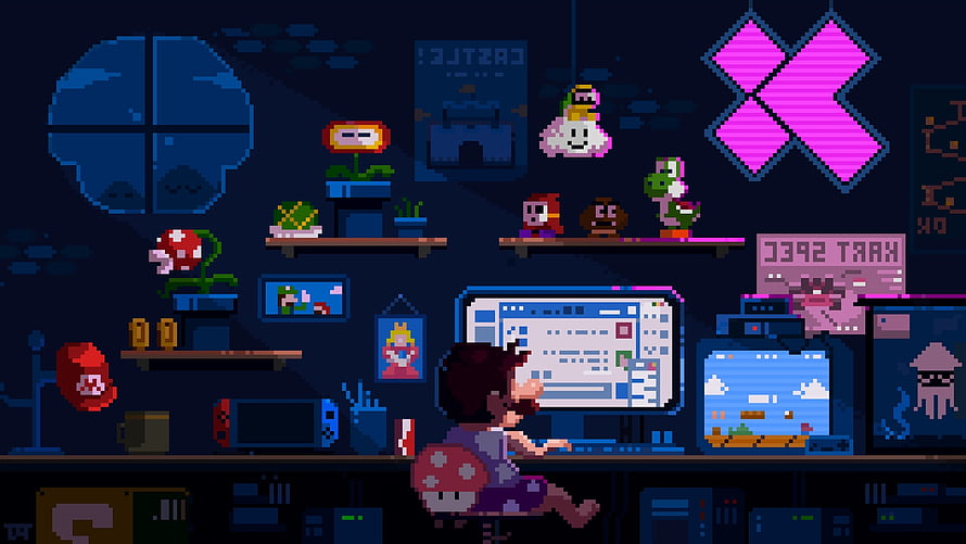 Pixel Art Gamer Room Featuring Nintendo Characters and Retro Gaming Consoles HD wallpaper