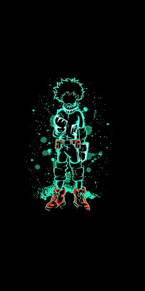 Dark Deku Anime Character in Neon Green and Red Glowing Outline on Black Background HD phone wallpaper