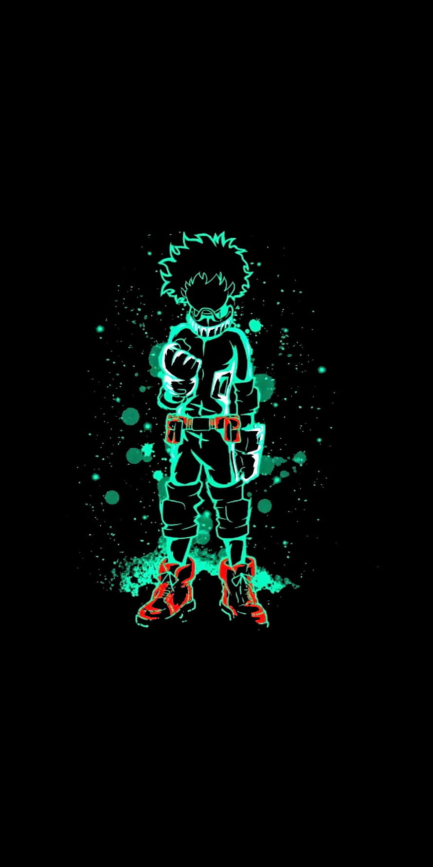 Dark Deku Anime Character in Neon Green and Red Glowing Outline on Black Background HD phone wallpaper