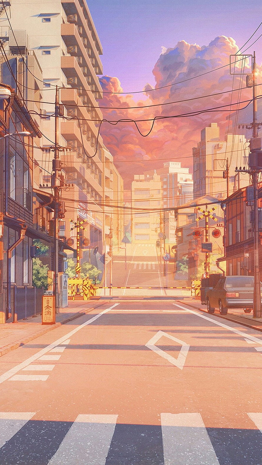 Anime Japanese City Street at Golden Hour with Railway Crossing and Dramatic Clouds HD phone wallpaper