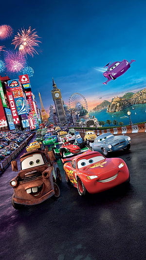 Cars 2 Animated Movie Poster Featuring Lightning McQueen and Mater Racing Through Tokyo HD phone wallpaper