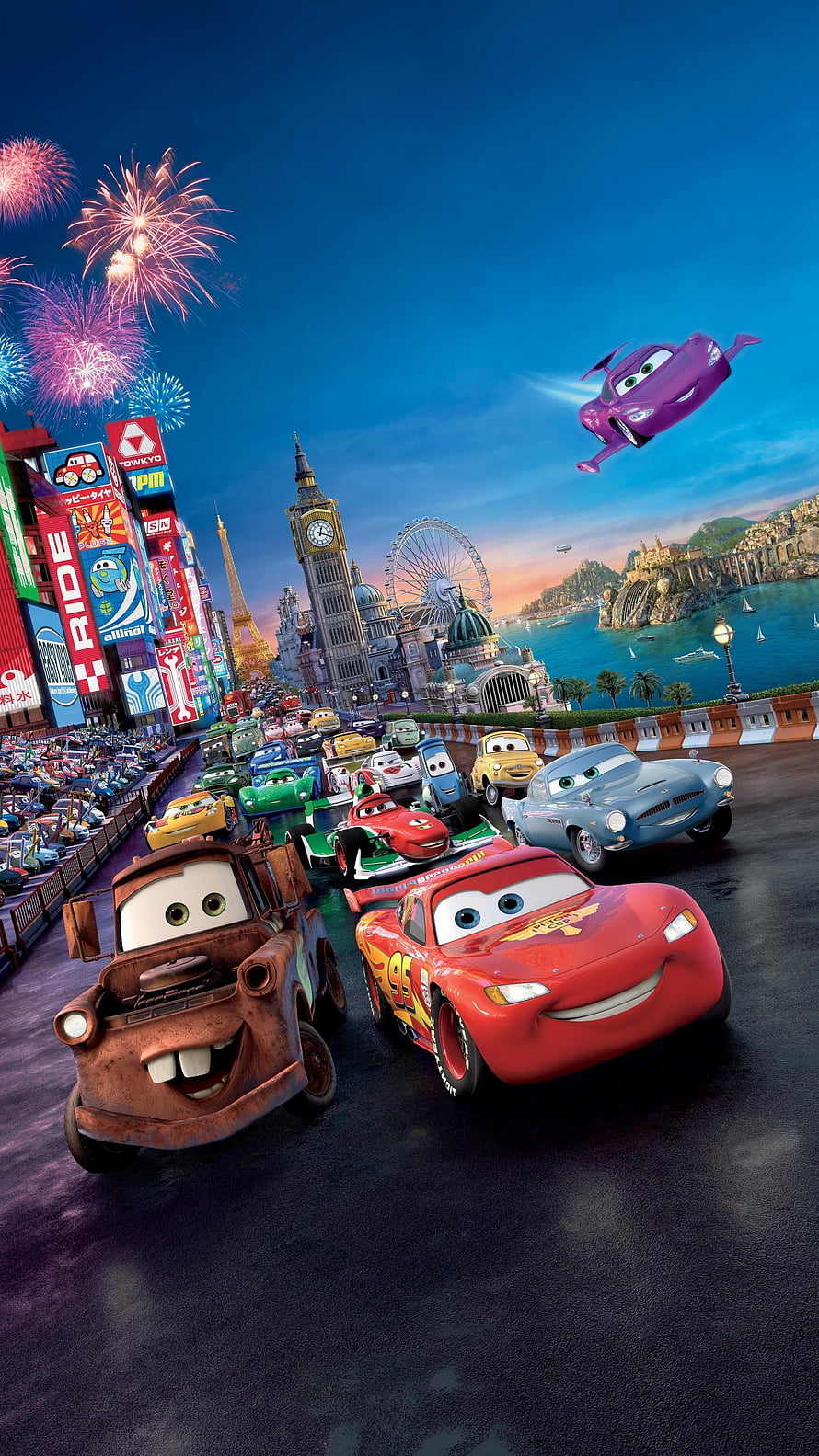 Cars 2 Animated Movie Poster Featuring Lightning McQueen and Mater Racing Through Tokyo HD phone wallpaper