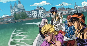 Jojo's Bizarre Adventure Golden Wind Characters on a Boat in Venice HD wallpaper