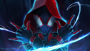 Miles Morales Spider-Man in Dynamic Action Pose with Electric Blue Energy Effects, Miles Morales, Spider, miles morales spider man HD wallpaper