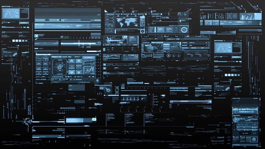 Futuristic Blue Holographic Data Dashboard Interface with Global Map and Analytics HD wallpaper